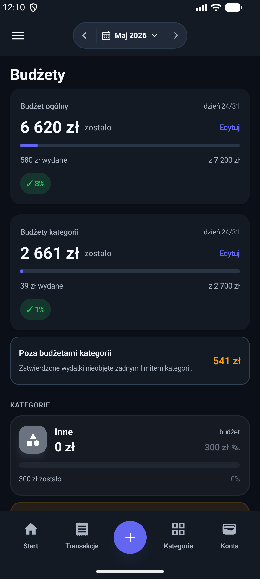 Ekran budżetu miesięcznego w aplikacji Suma